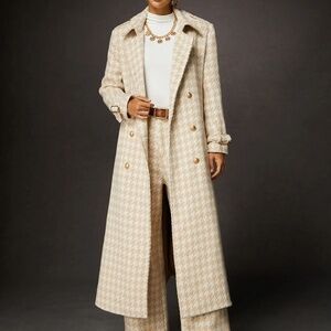 Coat Buttoned Houndstooth Lapel Collar Urban +  Straight Pants (Set of 2)